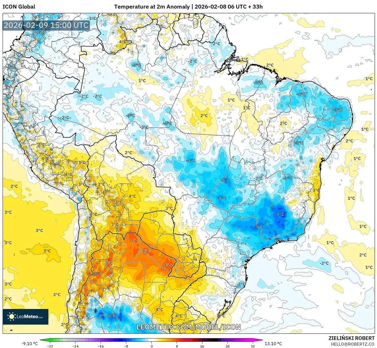 Anomalias de temperatura em 9 de fevereiro de 2026 (ICON)