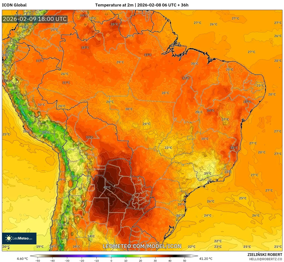 Pico das temperaturas máximas em 9 de fevereiro de 2026 (ICON)