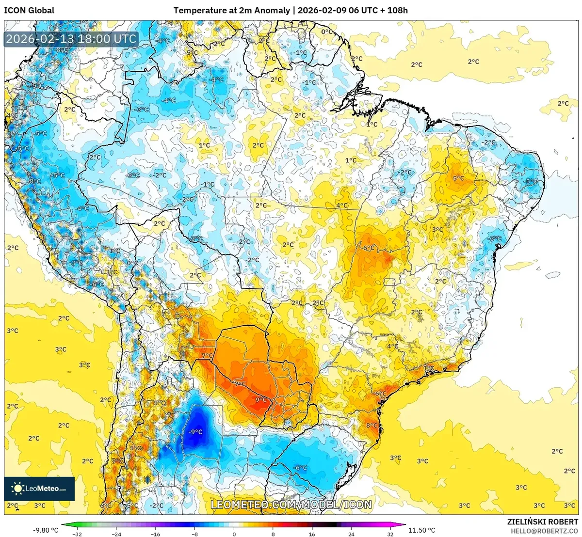 Anomalias de temperatura no Brasil em 13 de fevereiro de 2026 (ICON)