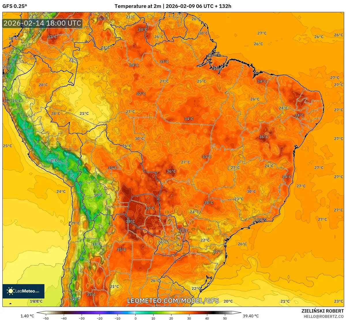 Calor de 34°C atinge pico no Rio em 14 de fevereiro de 2026 (GFS)