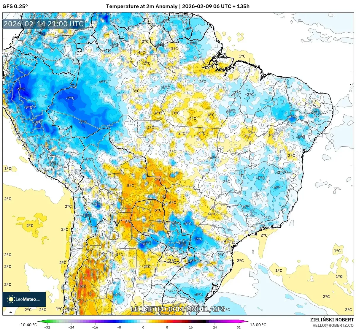 Anomalias de temperatura destacam aquecimento no Sudeste em 14 de fevereiro de 2026 (GFS)