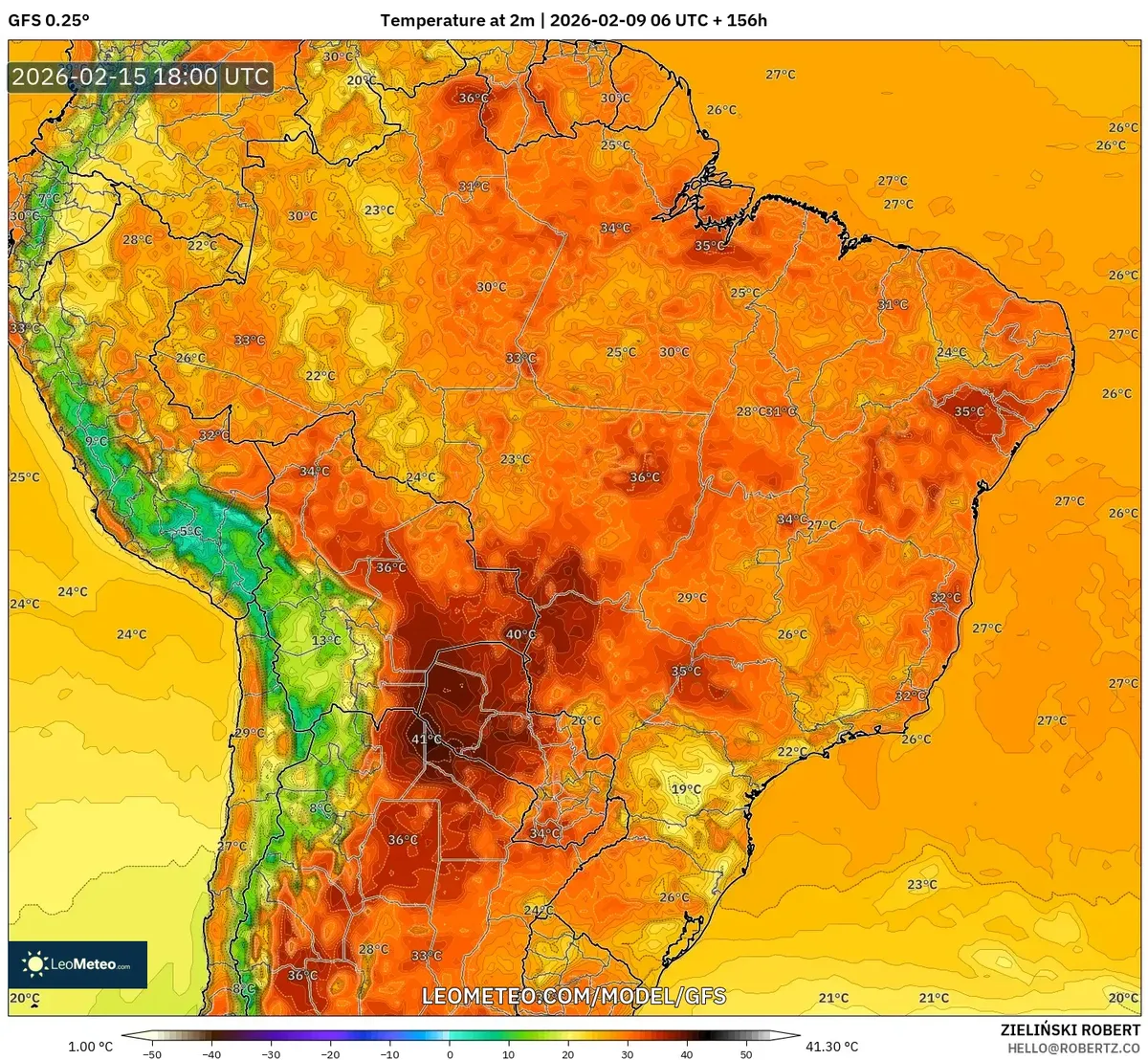 Pico de calor no Brasil em 15 de fevereiro de 2026 (GFS)