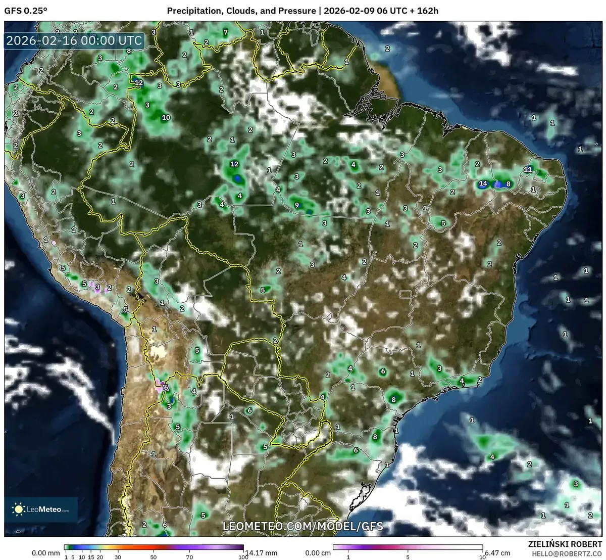 Pancadas de fim de tarde no Sudeste em 15 de fevereiro de 2026 (GFS)