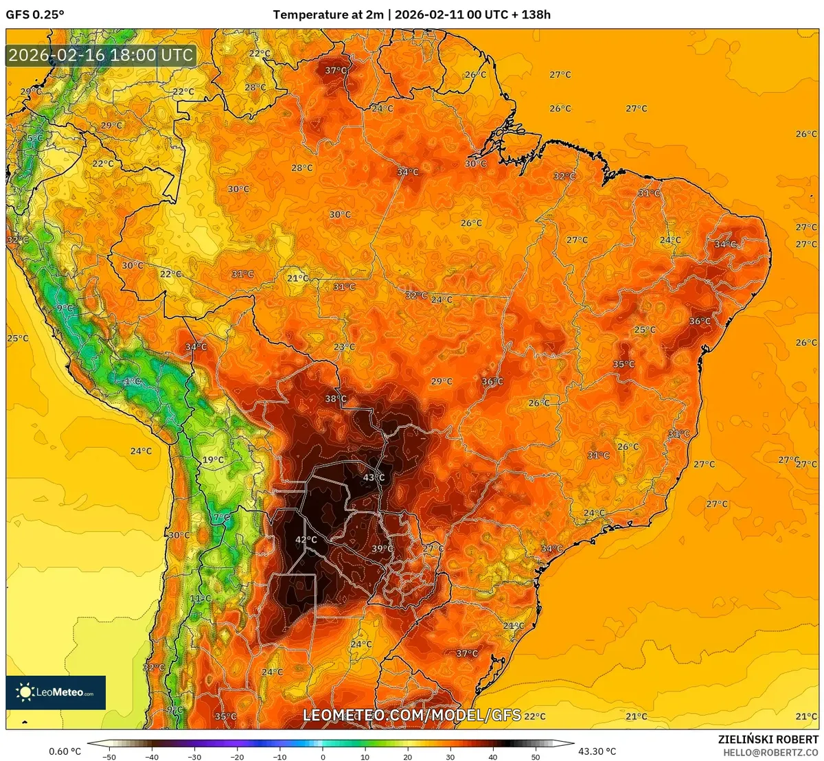 Pico de calor da tarde no Brasil em 16 de fevereiro de 2026 (GFS)
