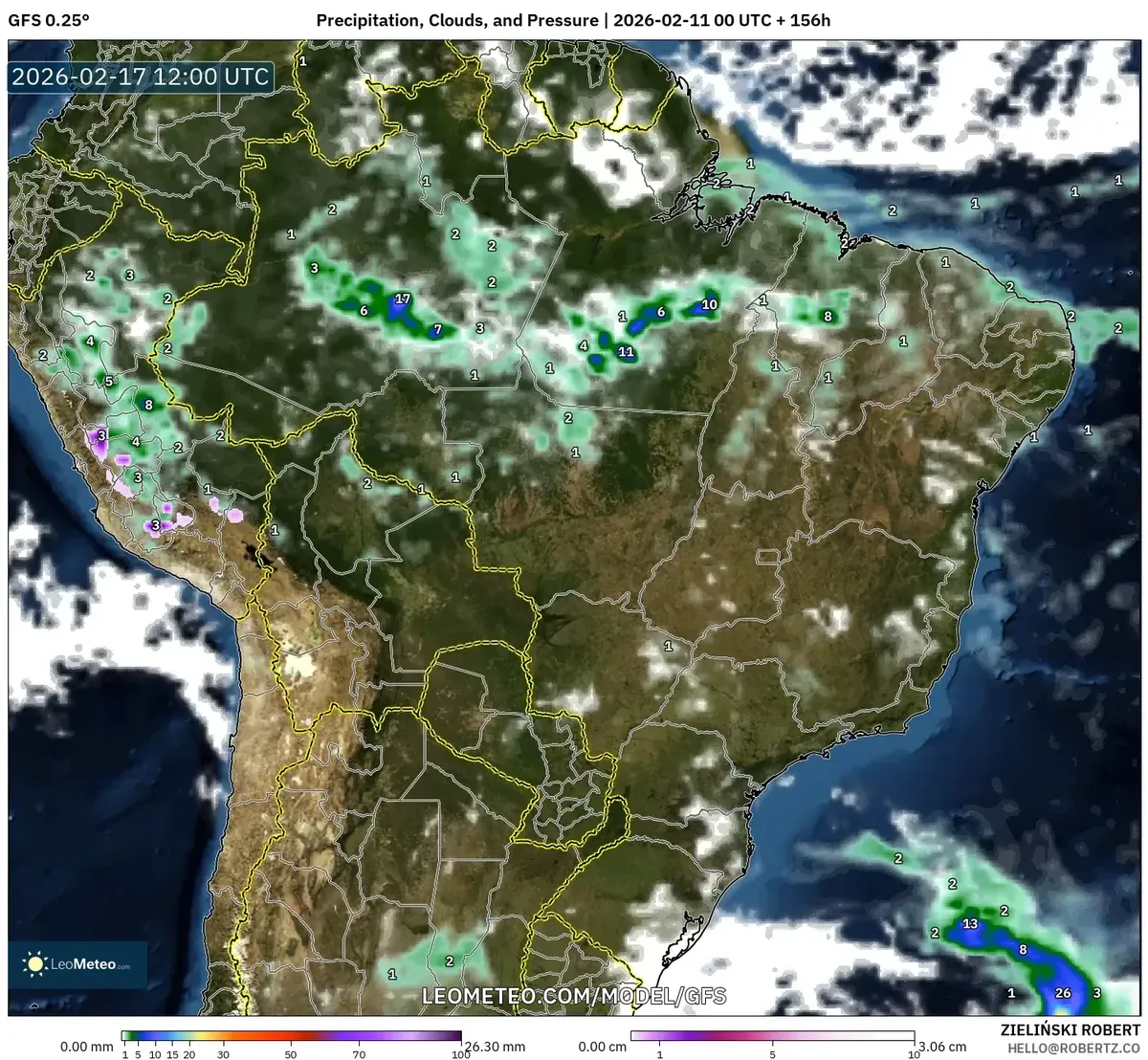 Pancadas de chuva à tarde na região de São Paulo em 17 de fevereiro de 2026 (GFS)