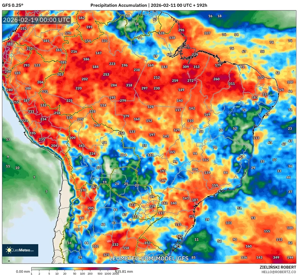Acúmulo de chuva forte na região Amazônica em 18 de fevereiro de 2026 (GFS)
