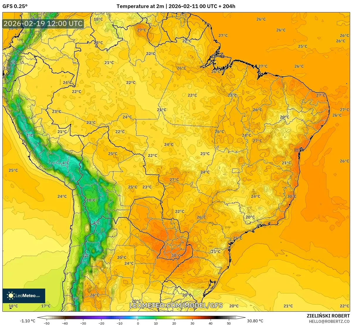Temperaturas ao meio-dia no Brasil em 19 de fevereiro de 2026 (GFS)