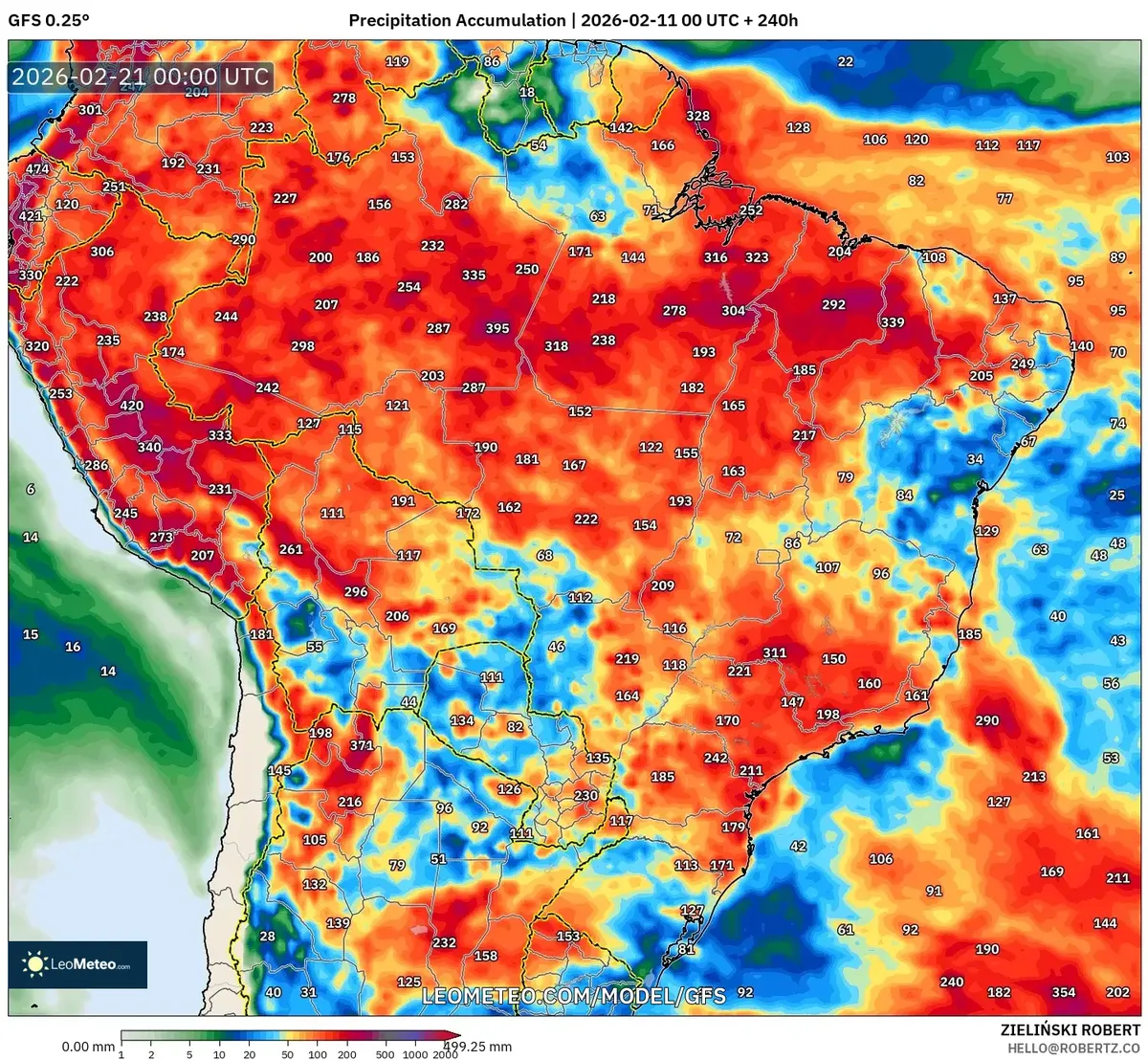 Acúmulo de chuva forte no Sudeste do Brasil em 20 de fevereiro de 2026 (GFS)