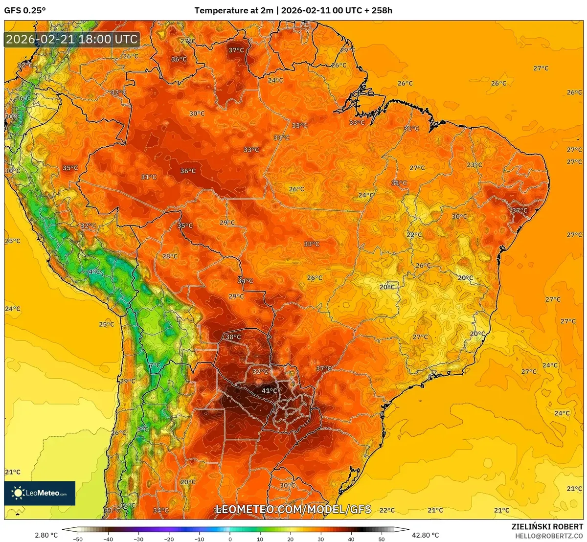 Tardes quentes em grande parte do Brasil em 21 de fevereiro de 2026 (GFS)