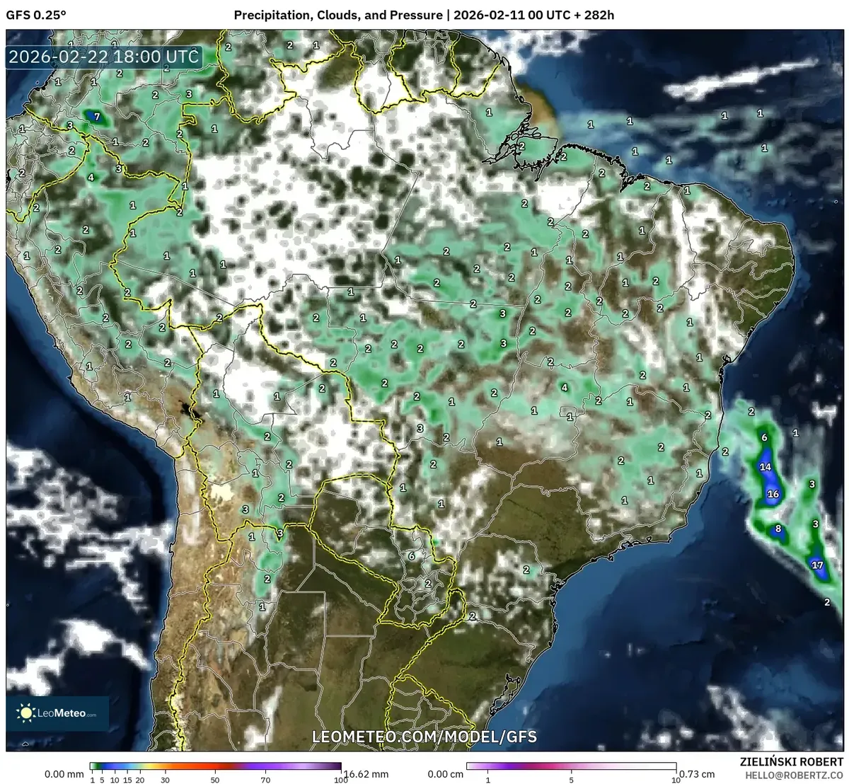 Chuvas significativas no Nordeste do Brasil em 22 de fevereiro de 2026 (GFS)