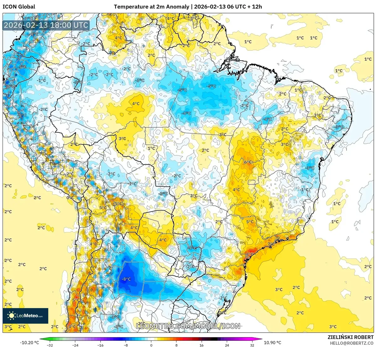 Anomalias de temperatura têm pico no Sudeste do Brasil em 13 de fevereiro de 2026 (ICON)