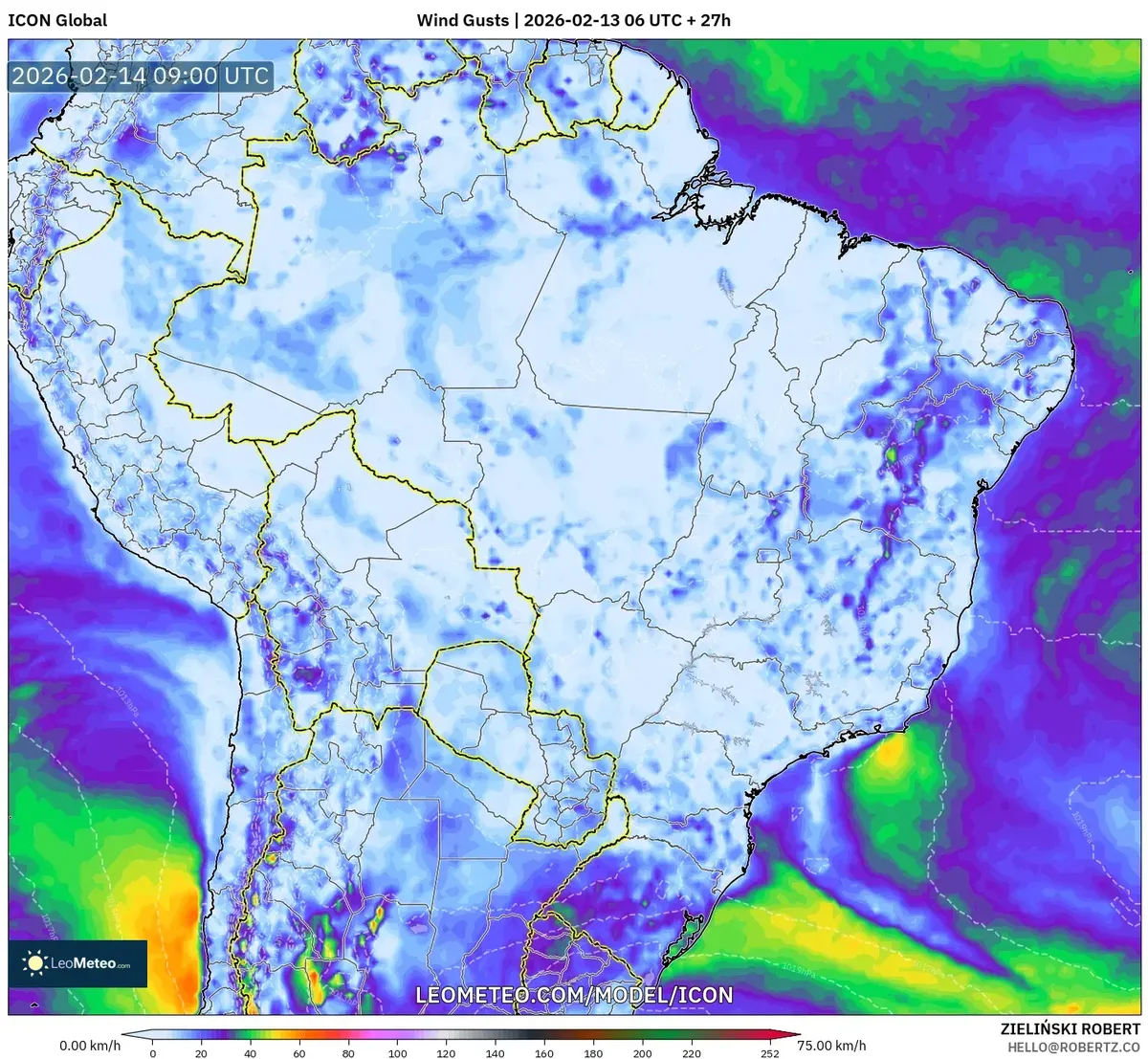 Ventos fracos na manhã de 14 de fevereiro de 2026 no Brasil (ICON)