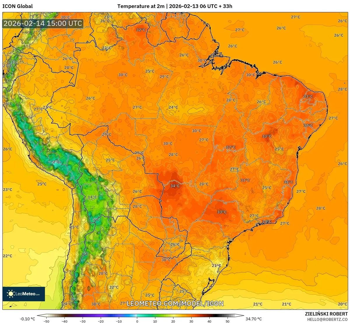 Pico de calor ao meio-dia no Brasil em 14 de fevereiro de 2026 (ICON)