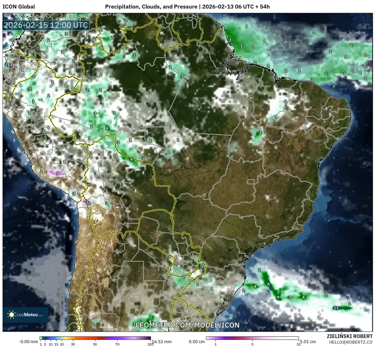 Pancadas isoladas no Nordeste do Brasil na manhã de 15 de fevereiro de 2026 (ICON)