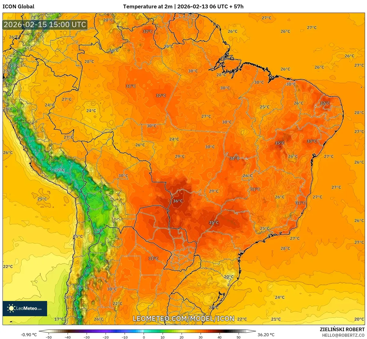 Temperaturas máximas têm pico no Sudeste do Brasil em 15 de fevereiro de 2026 (ICON)