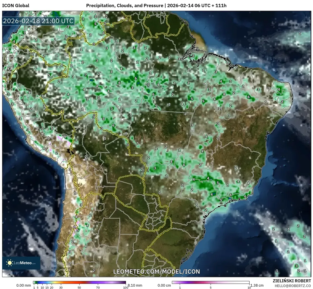 Pancadas significativas no fim do dia sobre o Sudeste do Brasil em 18 de fevereiro de 2026 (ICON)