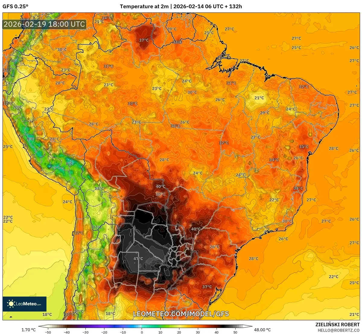 Pico de calor à tarde no Sudeste do Brasil em 19 de fevereiro de 2026 (GFS)