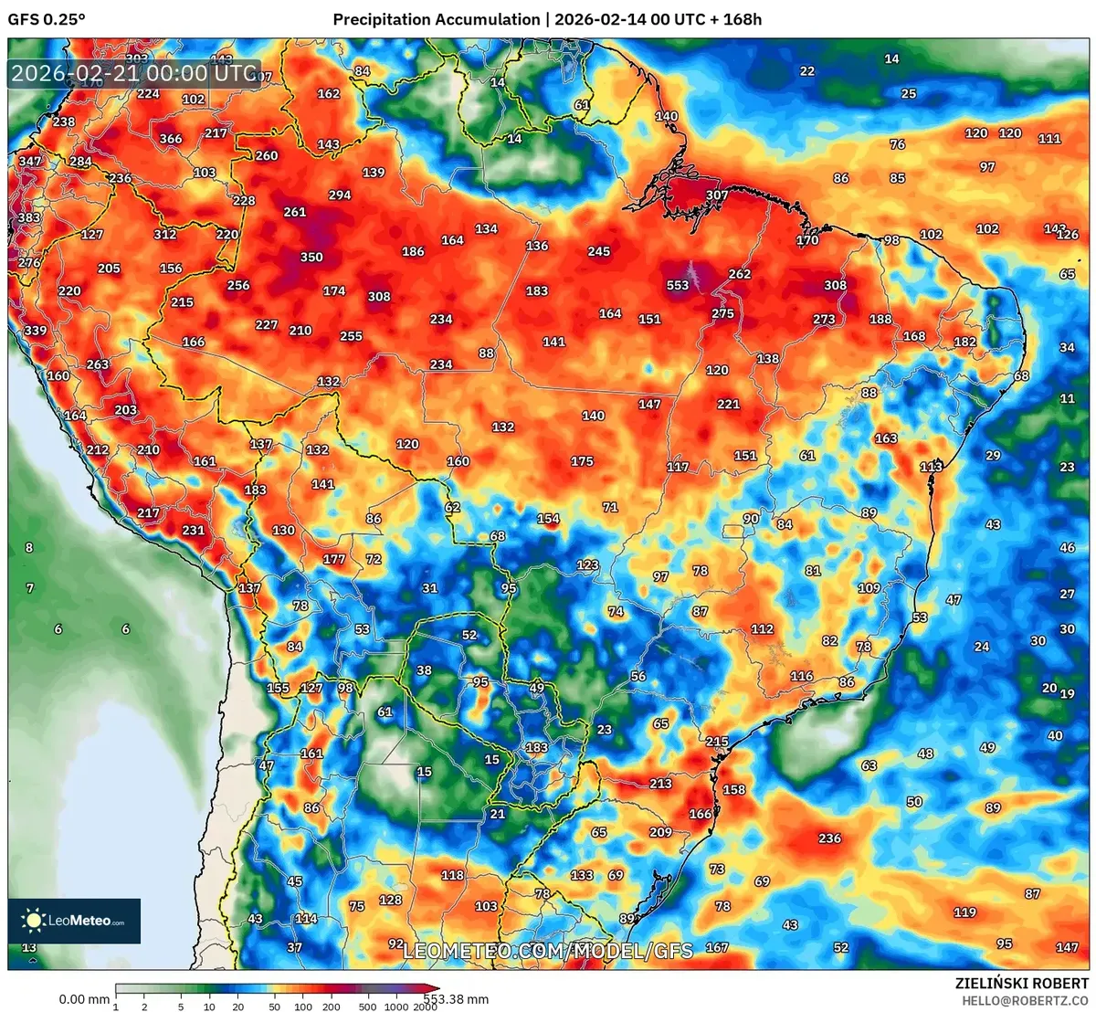 Chuva significativa no Nordeste do Brasil em 20 de fevereiro de 2026 (GFS)