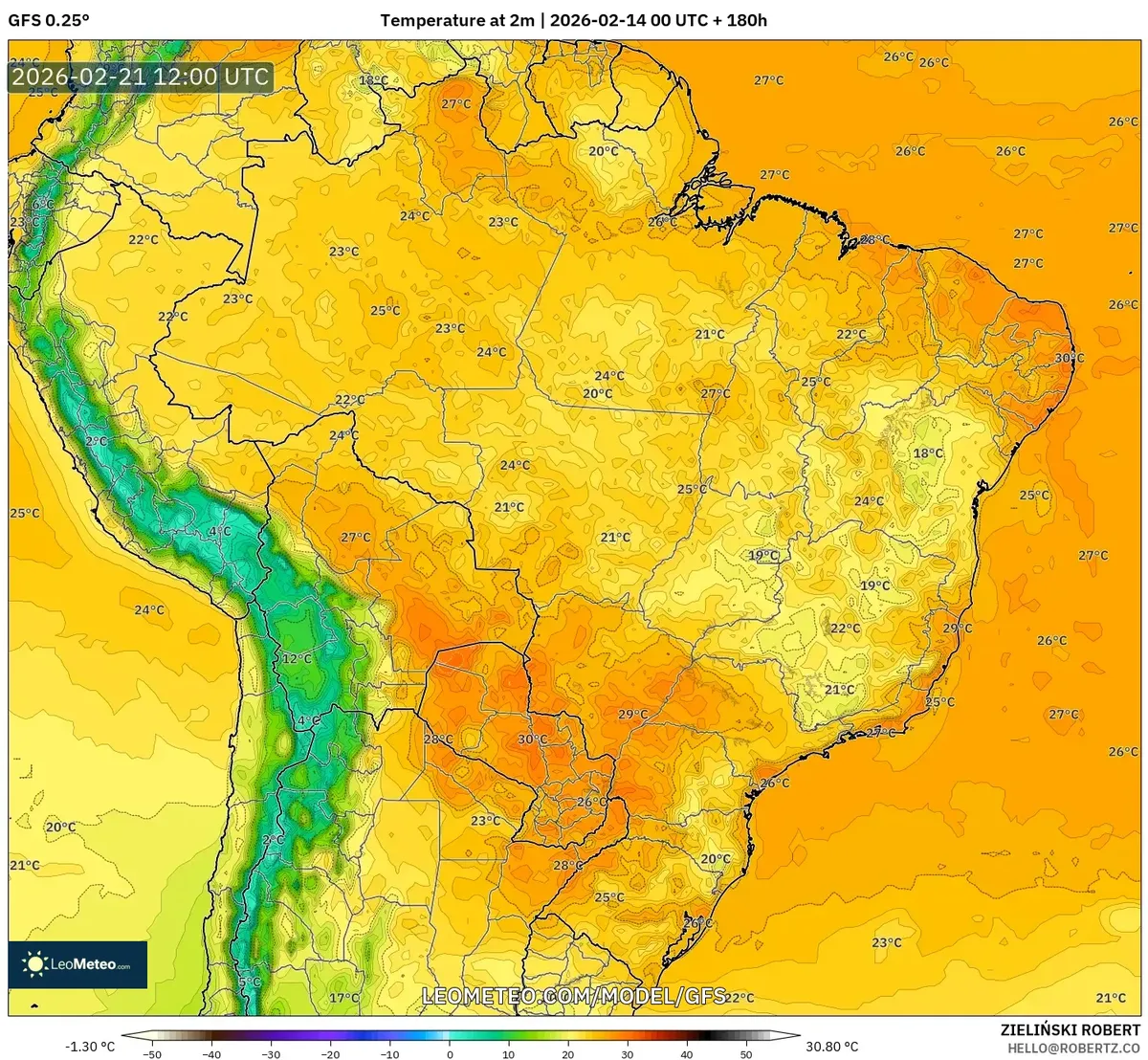 Temperaturas máximas elevadas no Sudeste do Brasil em 21 de fevereiro de 2026 (GFS)