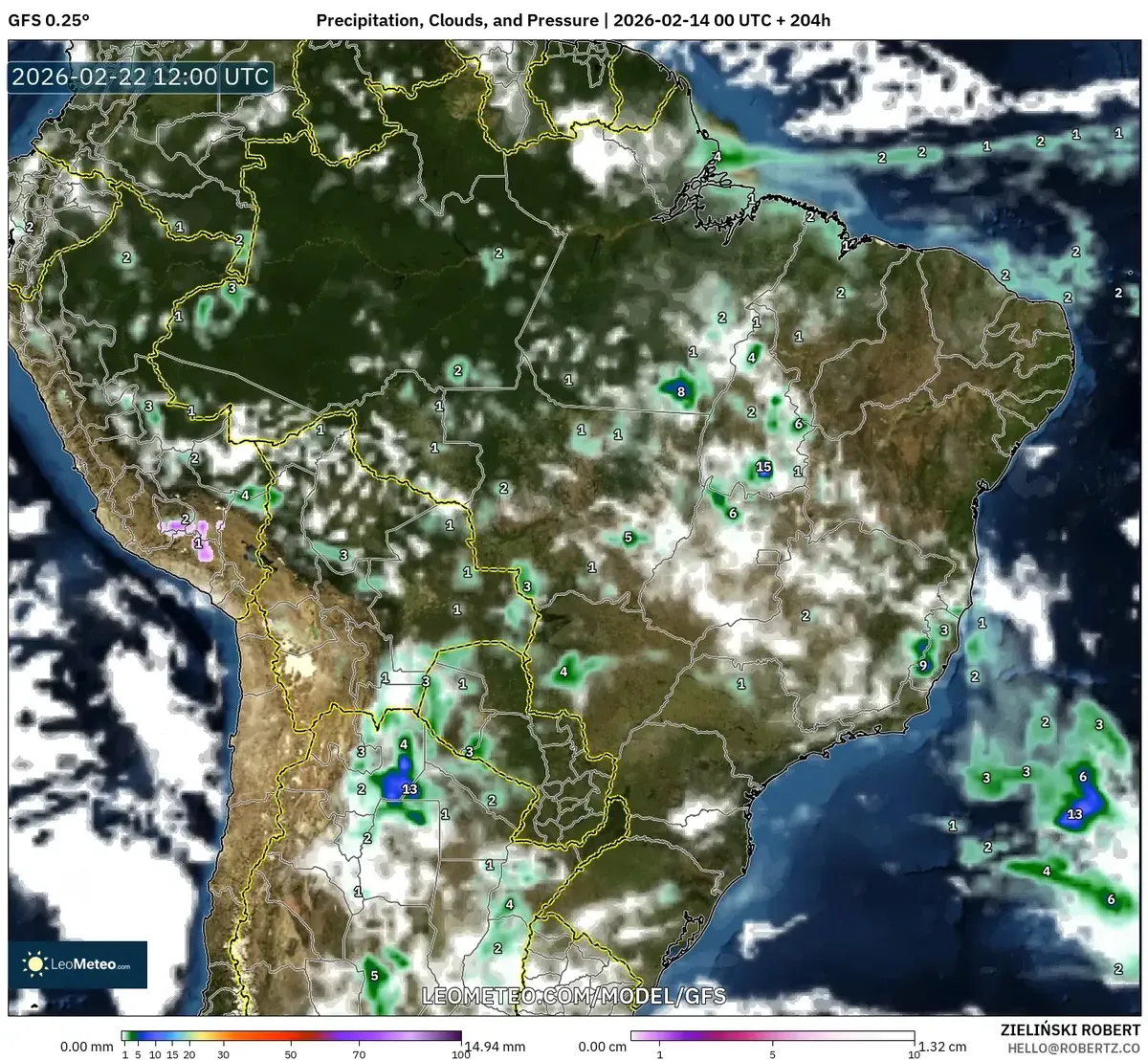 Pancadas de chuva significativas no Sudeste do Brasil em 22 de fevereiro de 2026 (GFS)