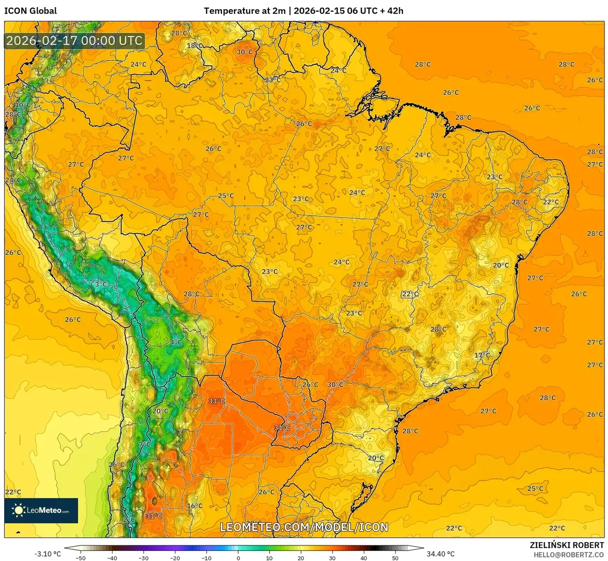 Distribuição de temperaturas à noite em 16 de fevereiro de 2026 (ICON)