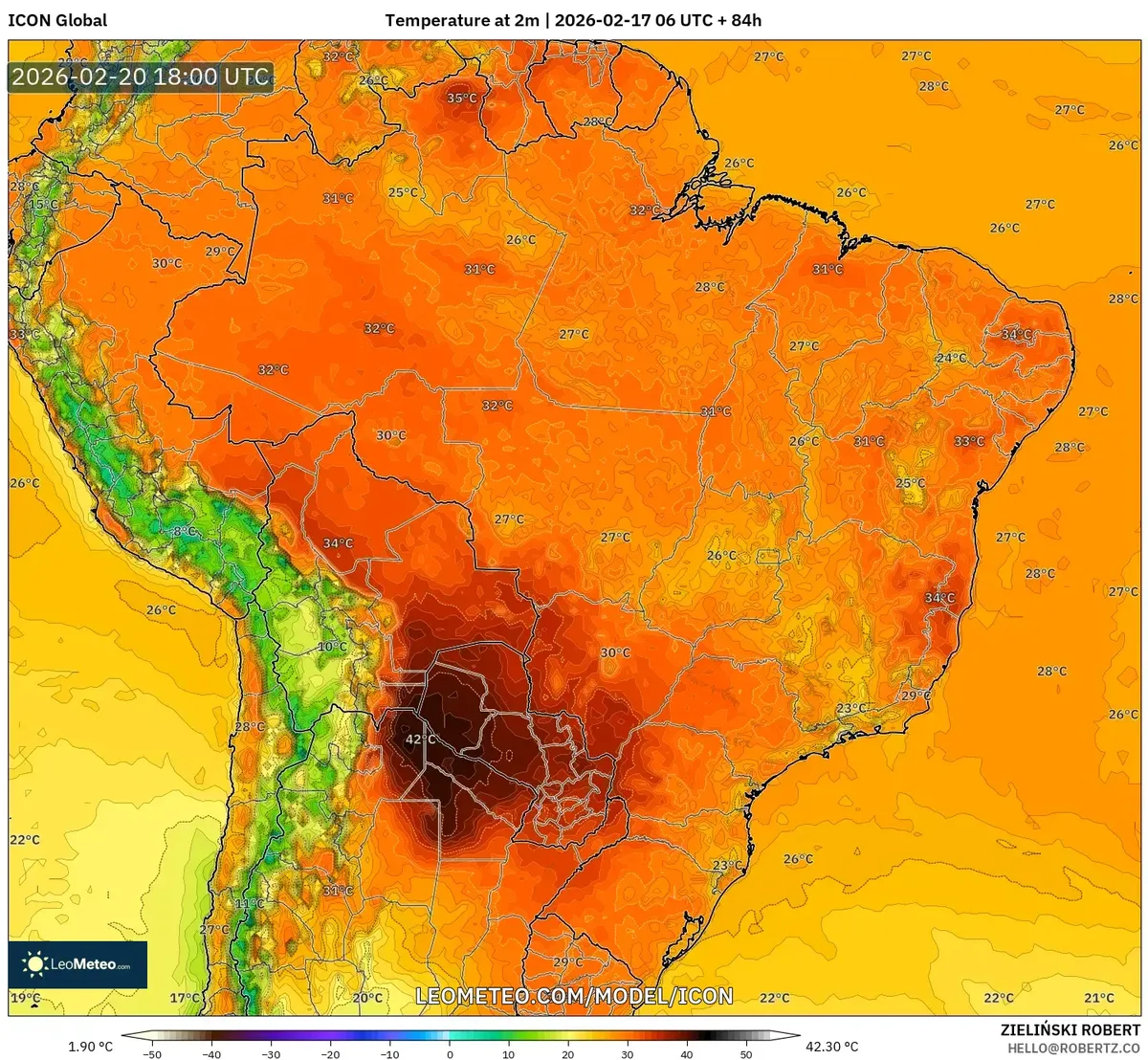 Calor máximo no Sudeste do Brasil em 20 de fevereiro de 2026 (ICON)