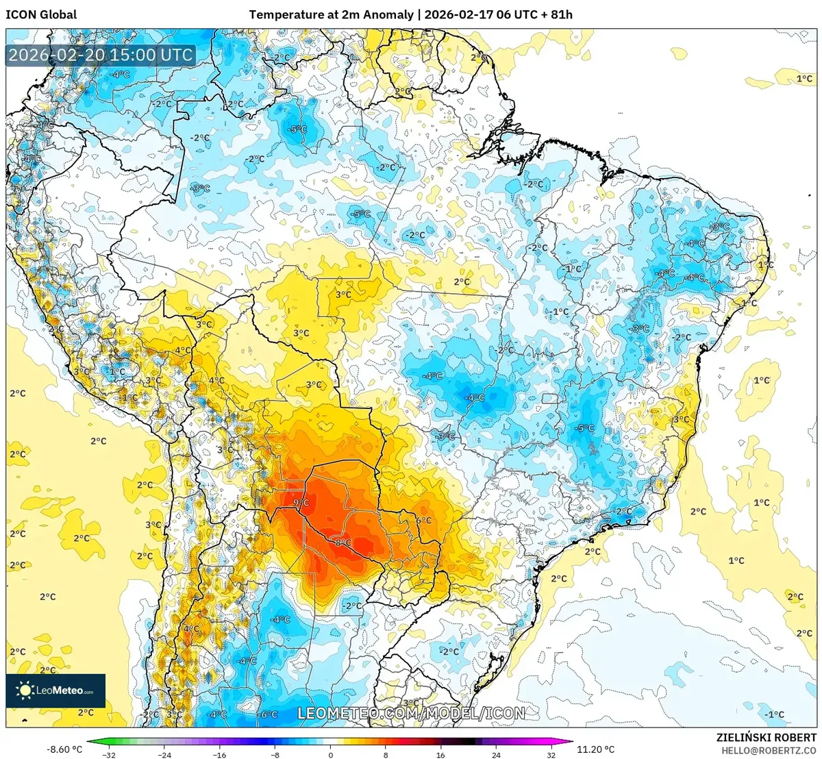 Anomalias de temperatura no Brasil em 20 de fevereiro de 2026 (ICON)
