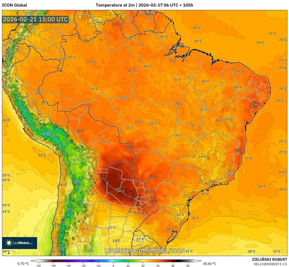 Pico de temperaturas elevadas no Sudeste do Brasil em 21 de fevereiro de 2026 (ICON)