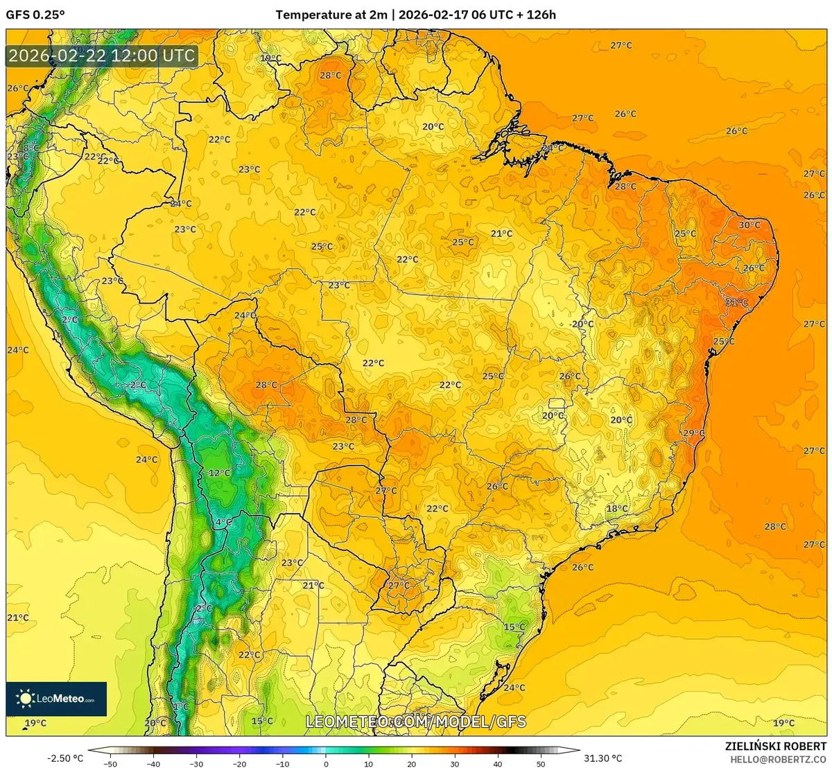 Aquecimento matinal no Sudeste do Brasil em 22 de fevereiro de 2026 (GFS)