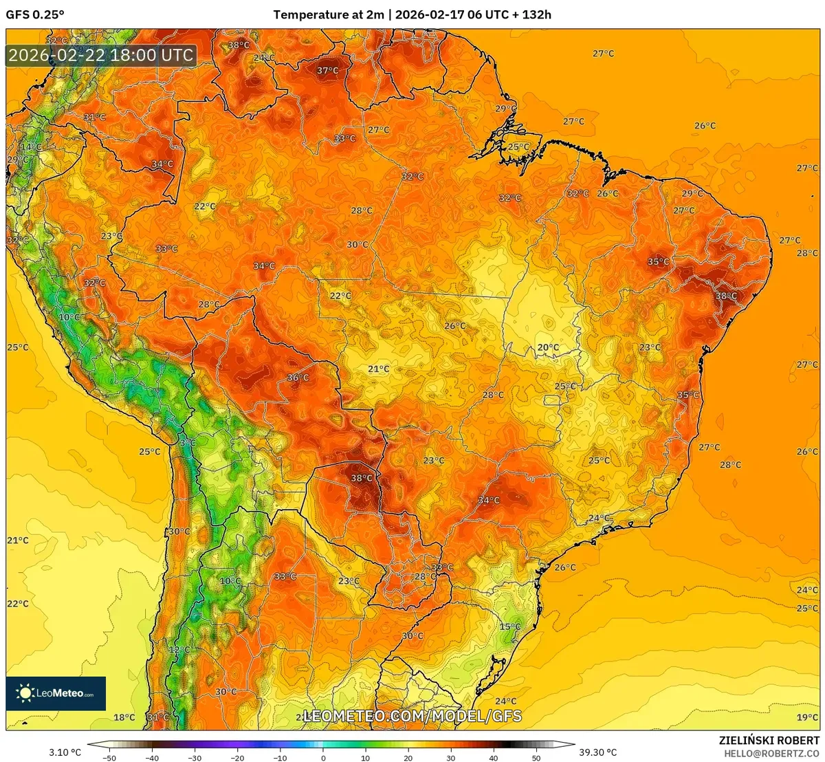 Máximas de tarde elevadas em todo o Brasil em 22 de fevereiro de 2026 (GFS)