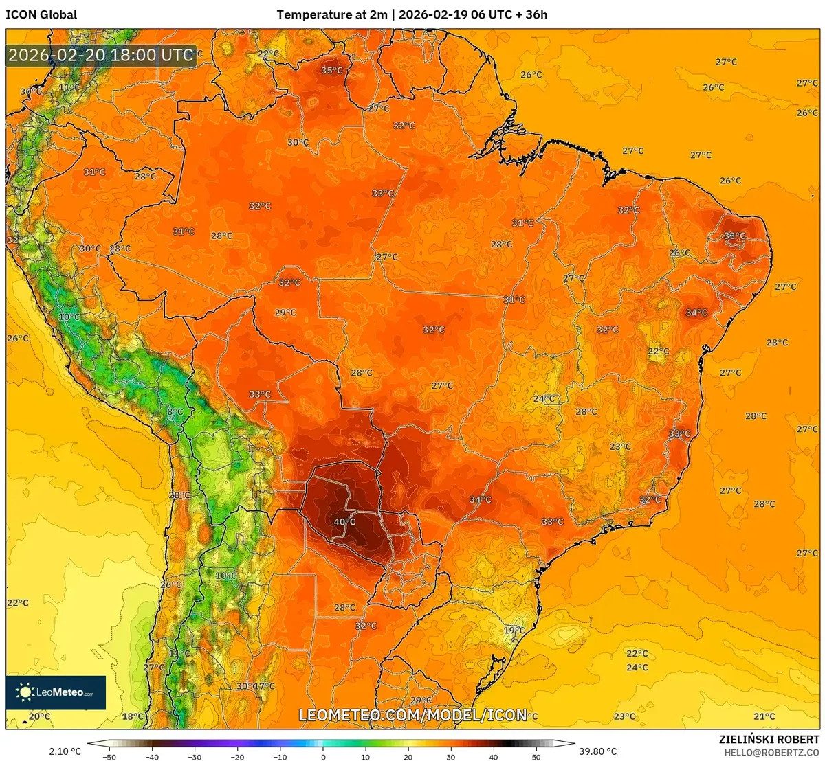 Calor máximo no Sudeste do Brasil em 20 de fevereiro de 2026 (ICON)