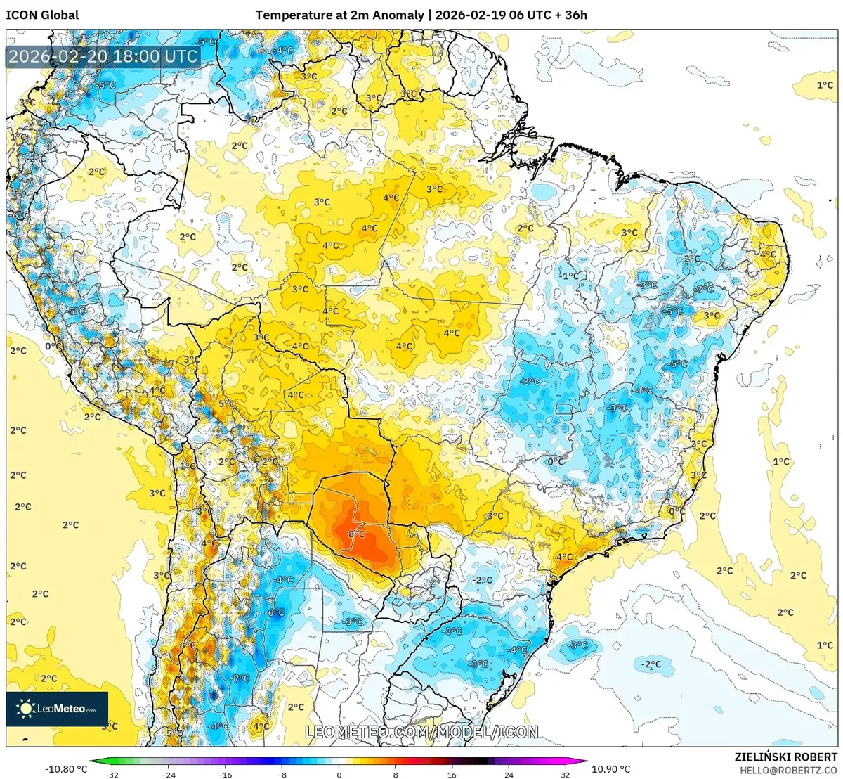 Anomalias de temperatura no Brasil em 20 de fevereiro de 2026 (ICON)