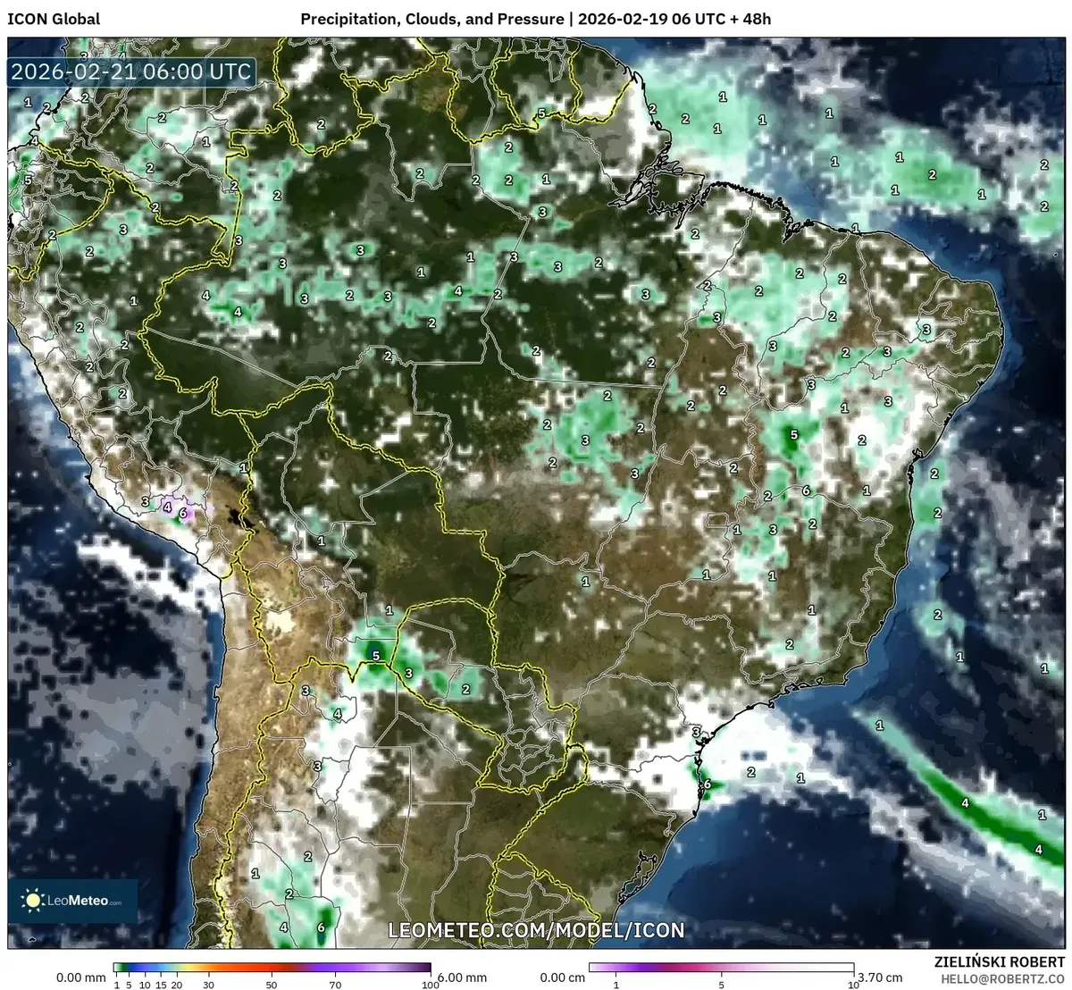 Chuva matinal atinge o Nordeste do Brasil em 21 de fevereiro de 2026 (ICON)