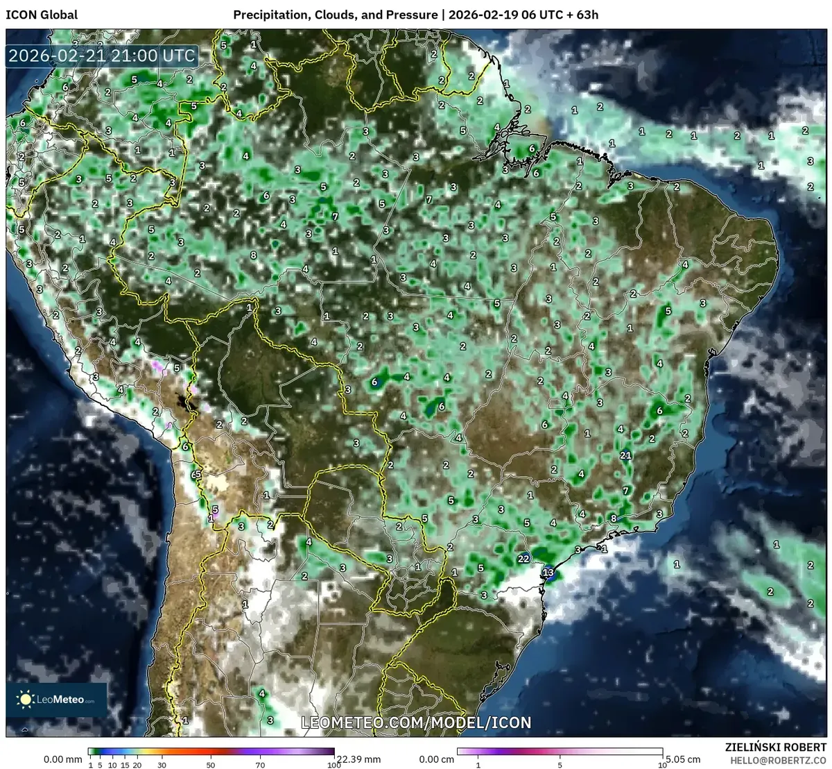 Chuvas significativas no Centro do Brasil em 21 de fevereiro de 2026 (ICON)