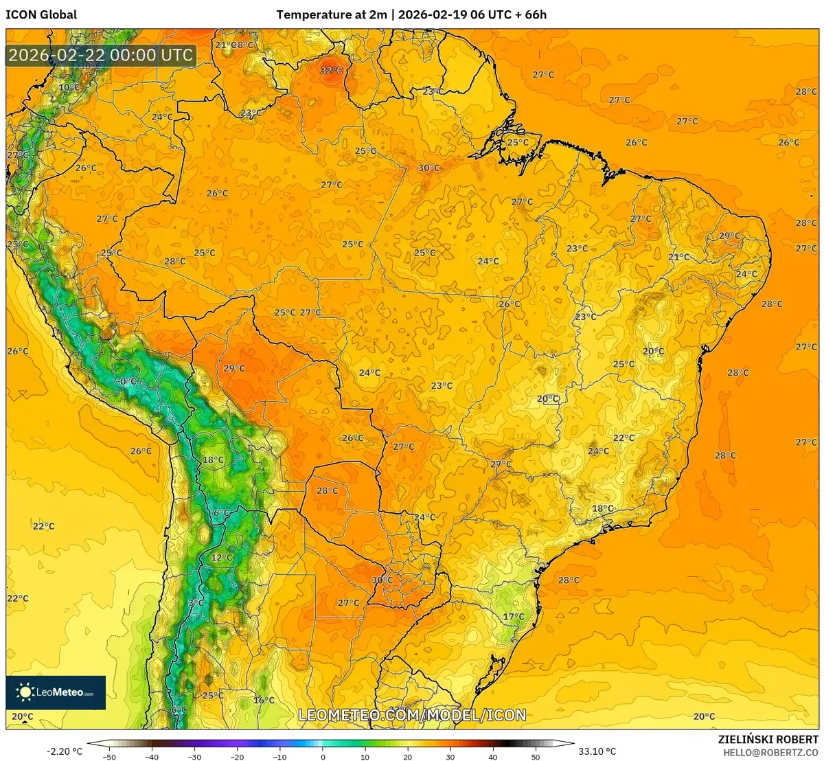 Noite quente em grande parte do Brasil em 21 de fevereiro de 2026 (ICON)