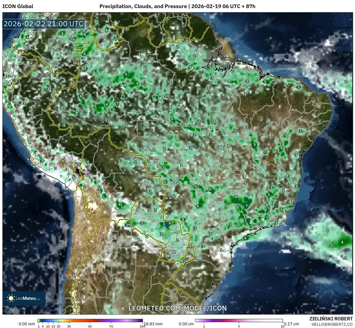 Chuvas significativas no Sudeste do Brasil em 22 de fevereiro de 2026 (ICON)
