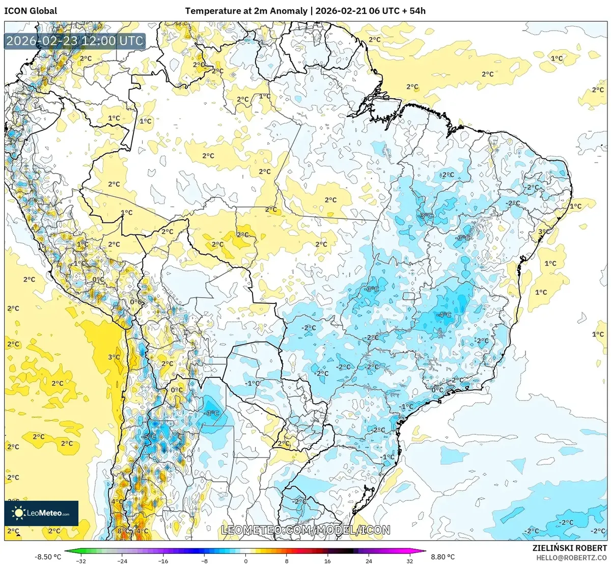 Anomalias de temperatura no Brasil para a semana de 23 de fevereiro de 2026 (ICON/GFS)