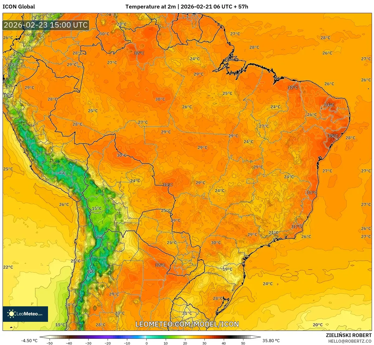 Temperaturas máximas no Sudeste em 23 de fevereiro de 2026 (ICON)