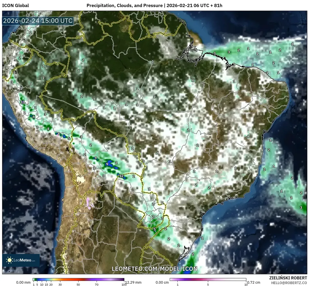 Pancadas isoladas no Sudeste em 24 de fevereiro de 2026 (ICON)