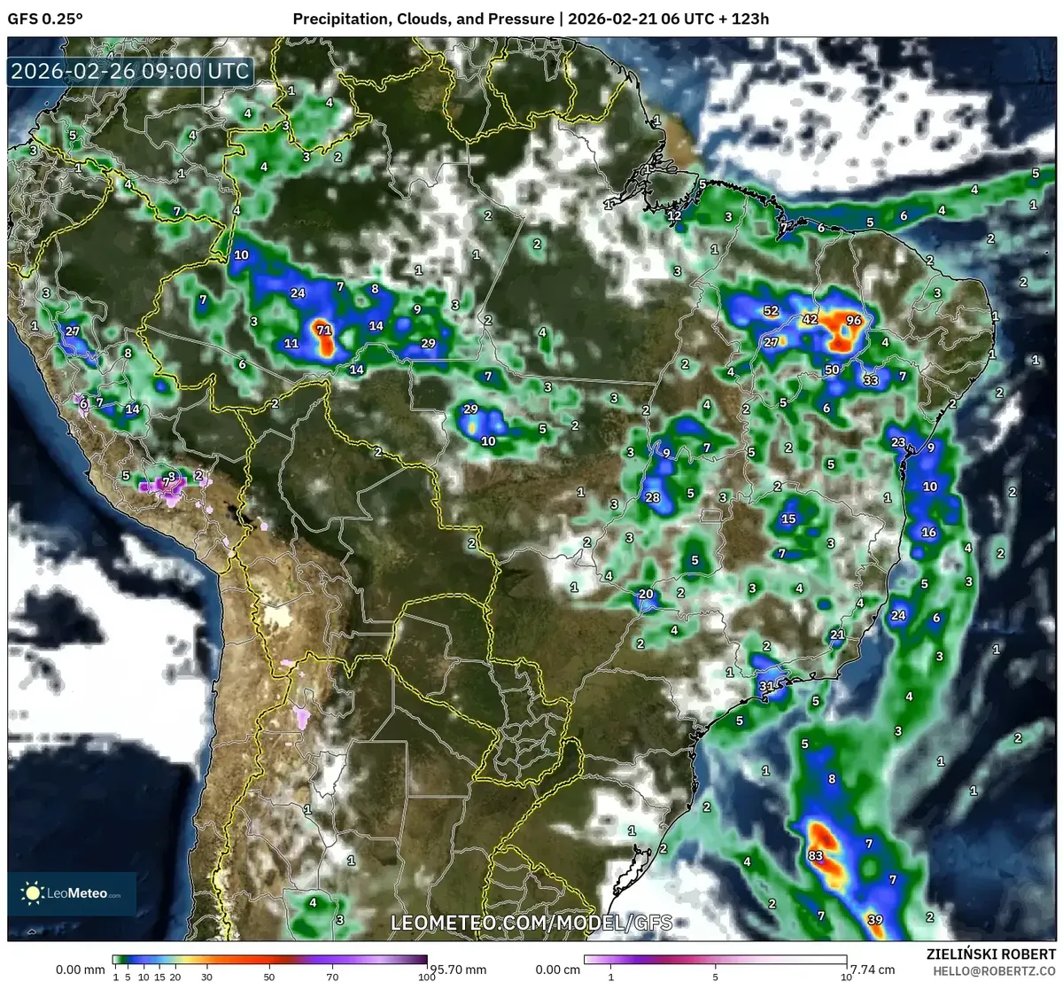 Chuva forte em Minas Gerais em 26 de fevereiro de 2026 (GFS)