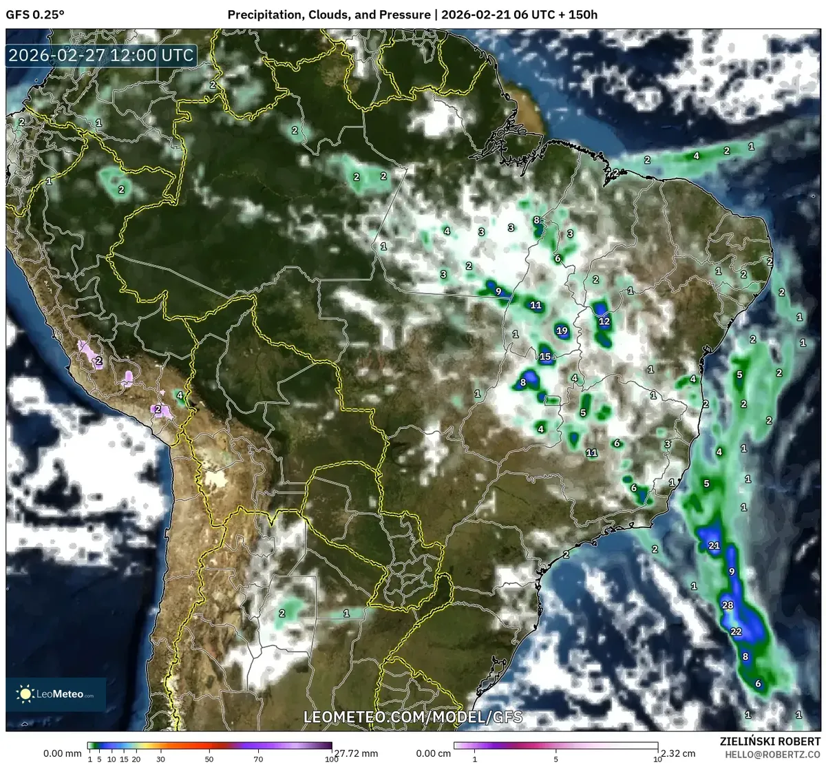Chuva significativa à tarde no Sudeste em 27 de fevereiro de 2026 (GFS)