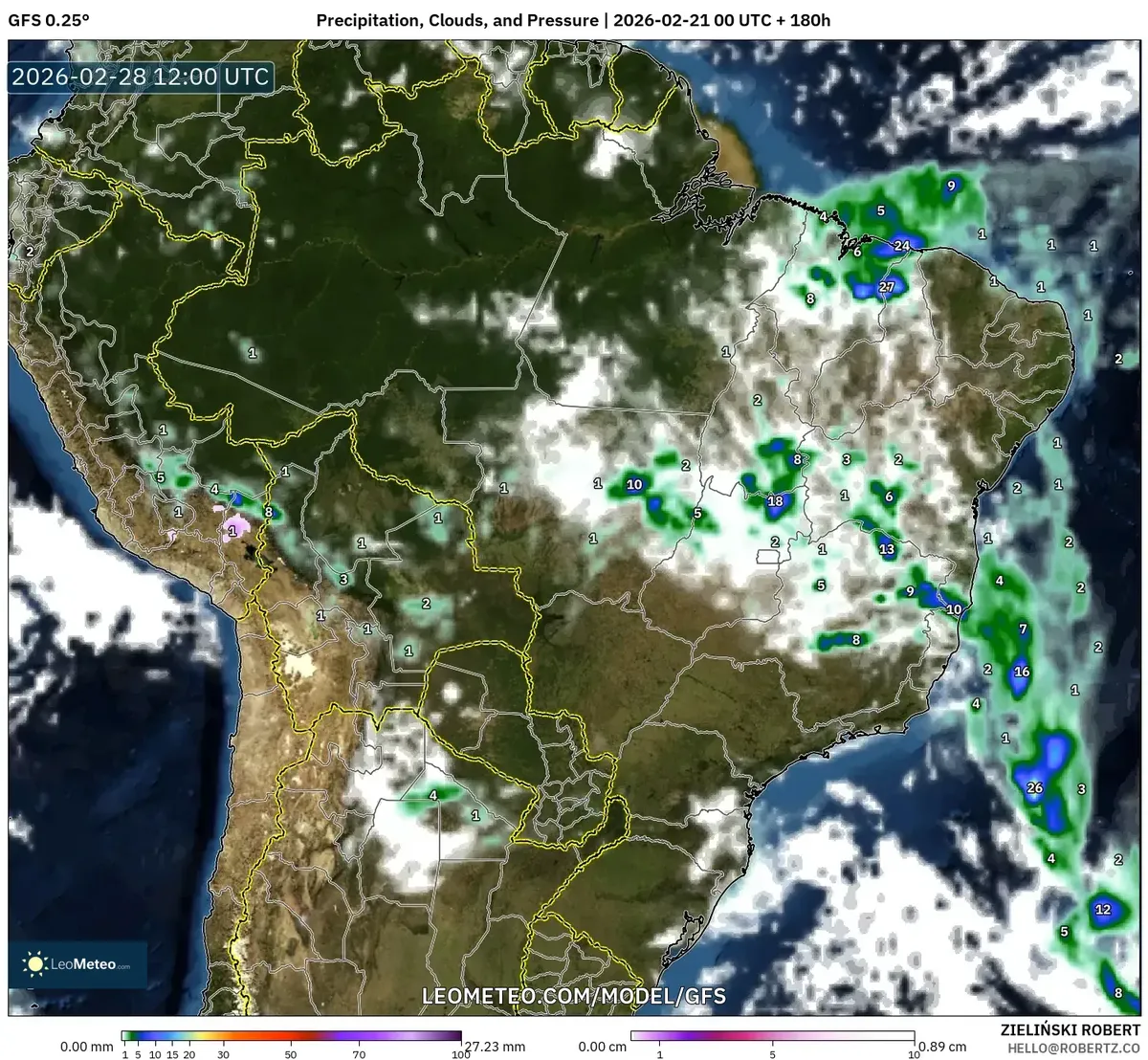 Pancadas significativas no Sudeste em 28 de fevereiro de 2026 (GFS)