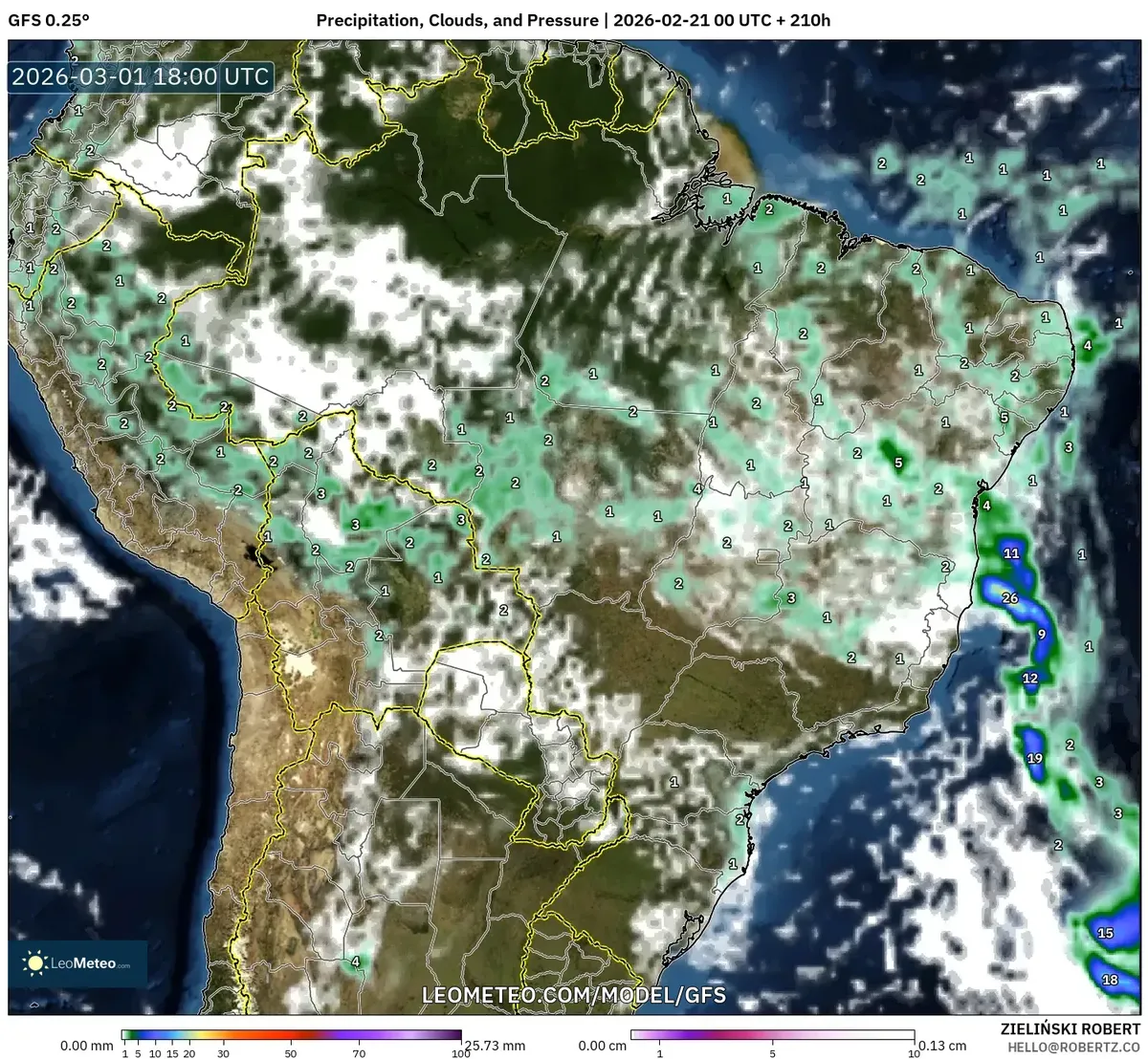 Chuva forte no Nordeste em 1º de março de 2026 (GFS)