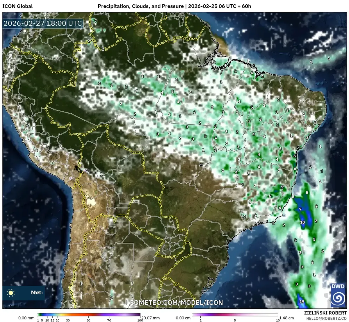 Pancadas isoladas no Sudeste do Brasil em 27 de fevereiro de 2026 (ICON)