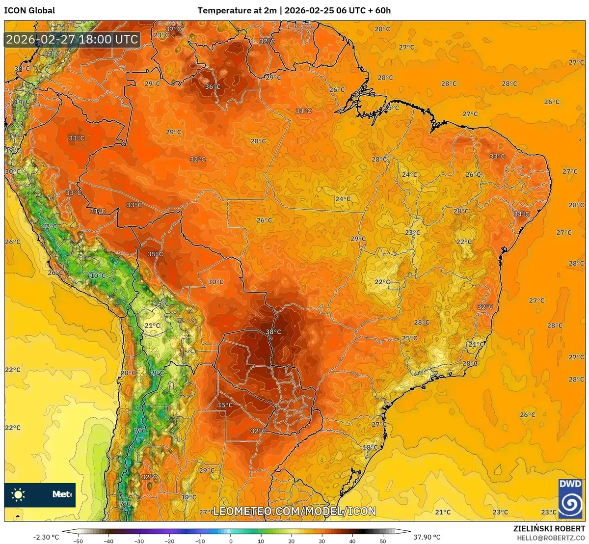 Temperaturas elevadas no Norte do Brasil em 27 de fevereiro de 2026 (ICON)