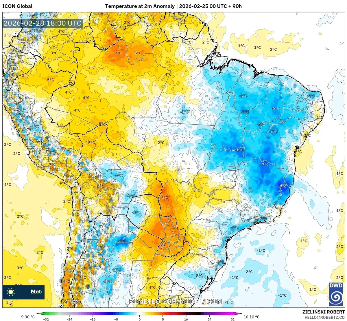 Anomalias de temperatura máximas no Centro do Brasil em 28 de fevereiro de 2026 (ICON)