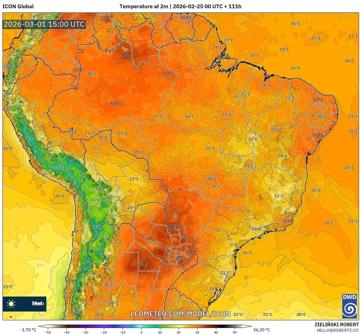 Temperaturas elevadas ao meio-dia em todo o Brasil em 1º de março de 2026 (ICON)