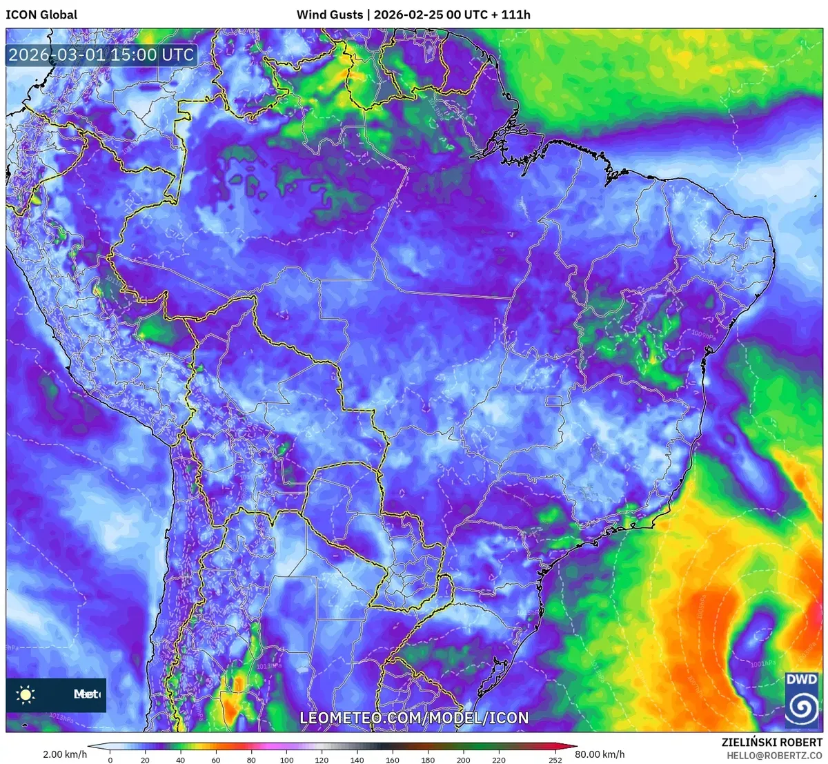 Ventos moderados no Sudeste do Brasil em 1º de março de 2026 (ICON)