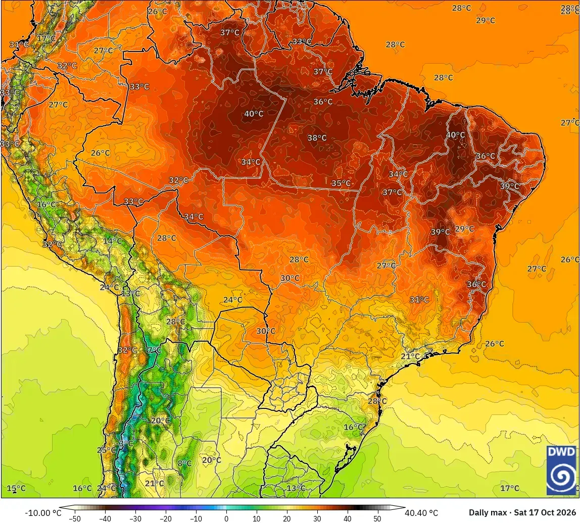 Máximas de 40 °C no Brasil, sábado, 17 de outubro de 2026. Modelo ICON