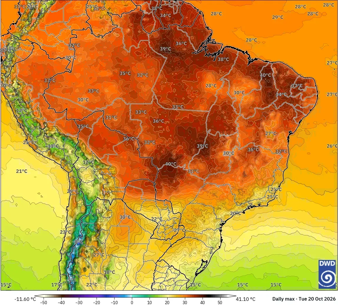 Máximas de 41 °C no Brasil, terça-feira, 20 de outubro de 2026. Modelo ICON
